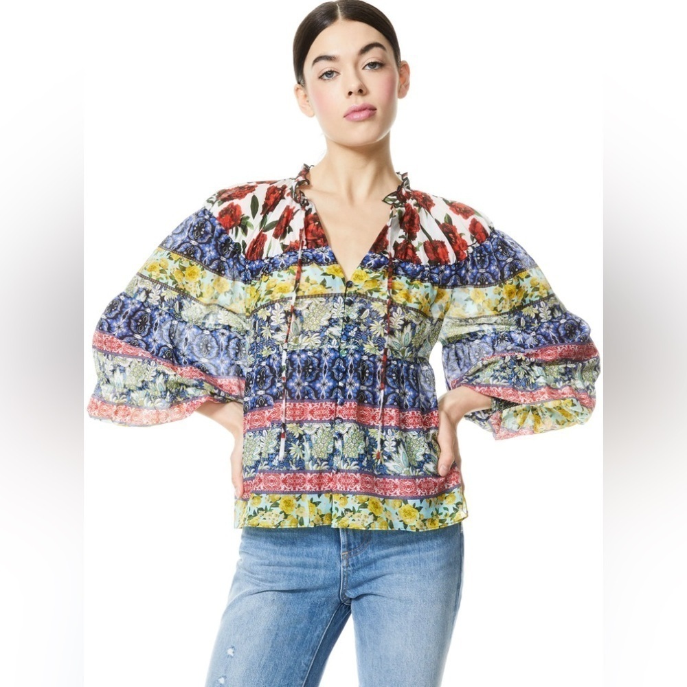 Alice + Olivia Marlyn Tie Neck Button Down Blouse sz XL - Picture 2 of 10